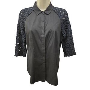 Lafayette 148 black lace half sleeve accent black button front euc work shirt 2